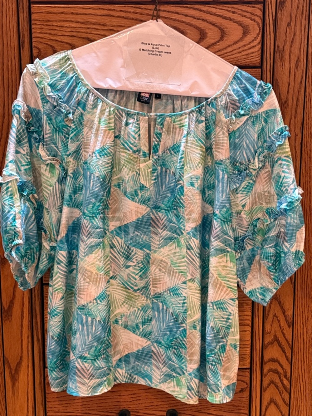 Lior Aqua & White Palm-Print Blouse